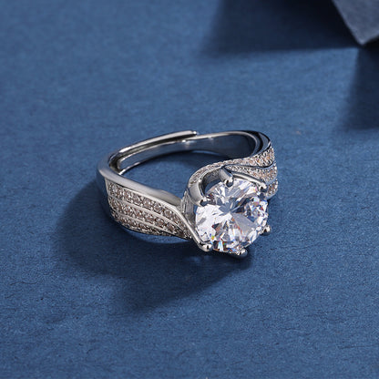 Women’s Adjustable Moissanite Statement Ring with Hearts and Arrows Cut and Swirl Band