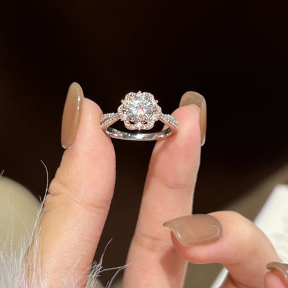 Women’s 925 Sterling Silver 1 Carat Moissanite Ring with Pink Floral Halo and Twisted Band