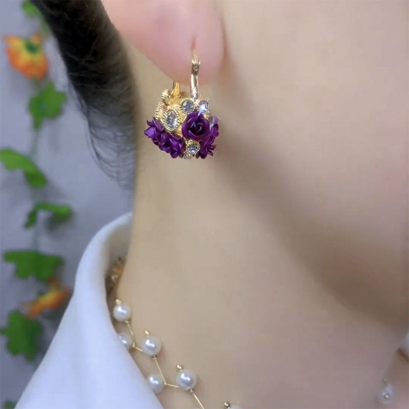 Women’s Gold Tone Romantic Rose Flower Basket Drop Earrings with Sparkling Zircon Detail