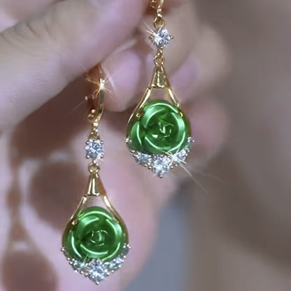Women’s Elegant Rose Flower Drop Hoop Earrings with Sparkling Teardrop Frame