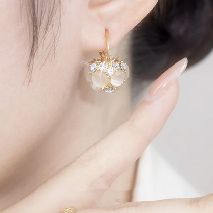Women’s Vintage Cat’s Eye Stone Geometric Round Hoop Earrings with Zircon Accents