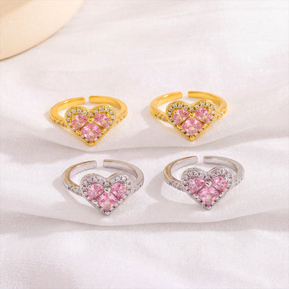 Women’s Elegant Adjustable Heart Ring with Pink Cubic Zirconia and Sparkling Halo