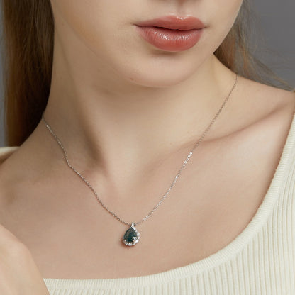 925 Sterling Silver Natural Moss Agate Teardrop Pendant with Sparkling Halo