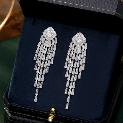Women’s Silver-Tone Floral Tassel Drop Earrings with Sparkling Baguette Zircon Detail