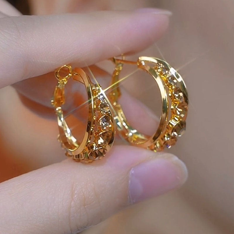 Women’s Gold Tone Crystal Pave Hoop Earrings with Elegant Round Rhinestone Detail