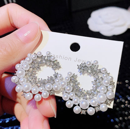 Women’s Elegant C-Hoop Earrings with Pearl and Sparkling Zircon Detail