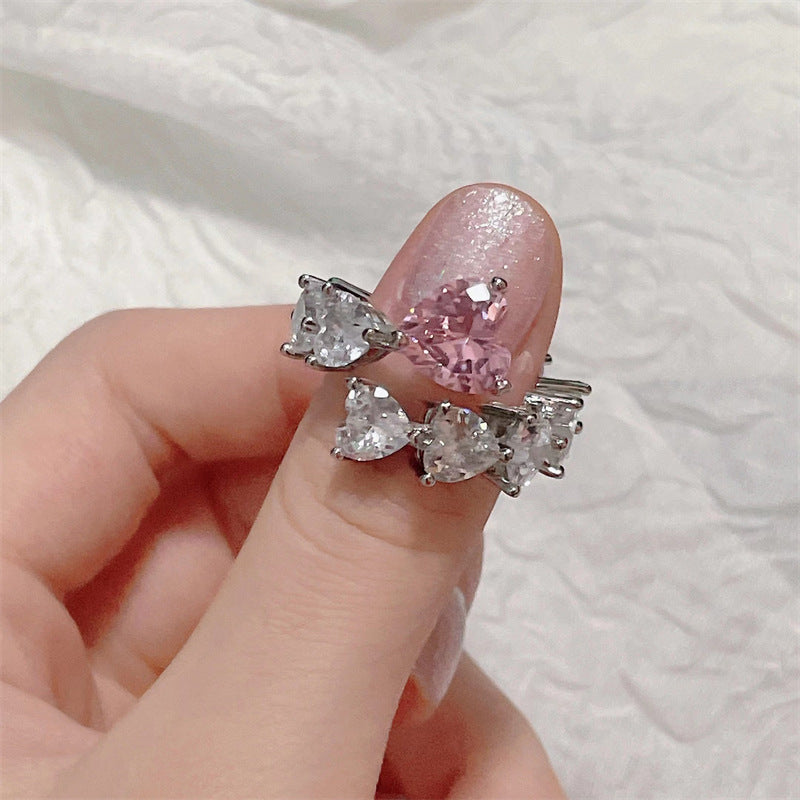 Women’s Silver-Tone Romantic Adjustable Heart Ring with Pink and Clear Sparkling Stones