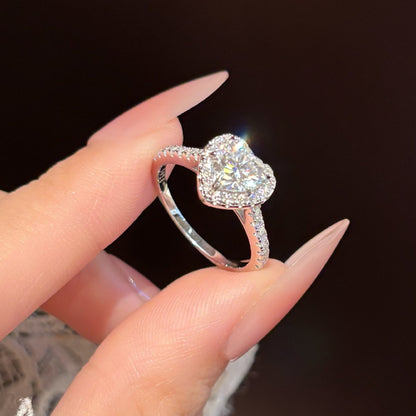 925 Sterling Silver 1 Carat Heart Moissanite Ring with Sparkling Halo
