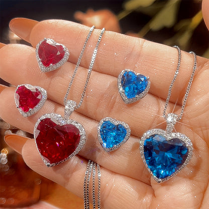 Women’s Romantic Heart-Cut Cubic Zirconia Pendant Necklace & Earrings Set with Halo Detail
