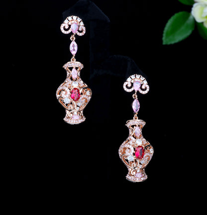 Women’s Vintage-Inspired Vase Drop Earrings with Intricate Scrollwork and Sparkling Zircon Detail