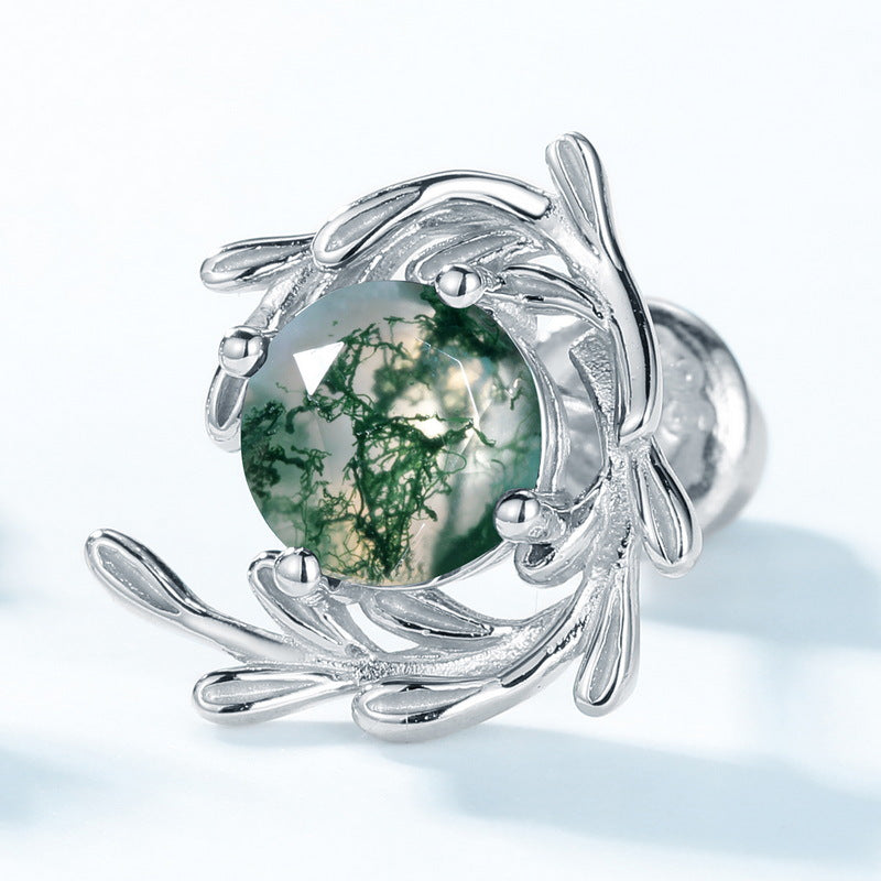 925 Sterling Silver Natural Moss Agate Stud Earrings with Leaf Wreath Design