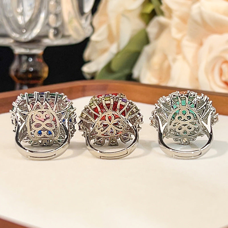 Women’s Candy Color Cubic Zirconia Adjustable Statement Ring with Pink, Red or Emerald Green Gemstone