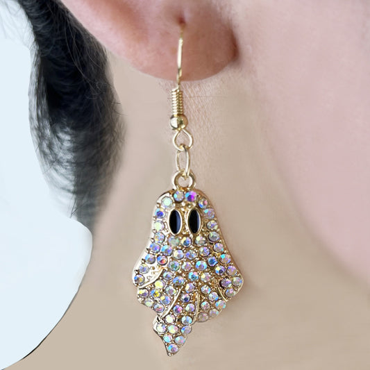 Women’s Halloween Pumpkin and Ghost Drop Earrings with Colorful Rhinestones