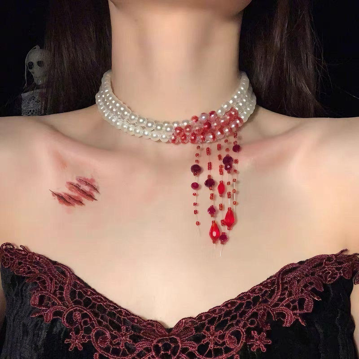 Women’s Gothic Halloween Three-Strand Pearl Choker Necklace with Red Blood-Drip Beaded Detail