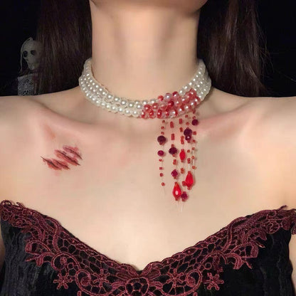 Women’s Gothic Halloween Three-Strand Pearl Choker Necklace with Red Blood-Drip Beaded Detail