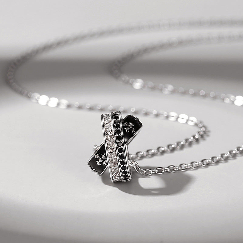 Men’s 925 Sterling Silver Double Ring Pendant Necklace with Black Star Details