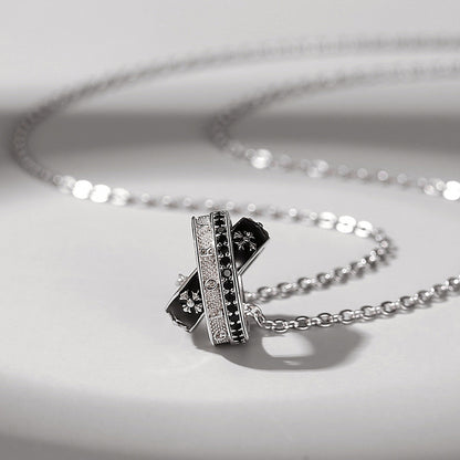 Men’s 925 Sterling Silver Double Ring Pendant Necklace with Black Star Details