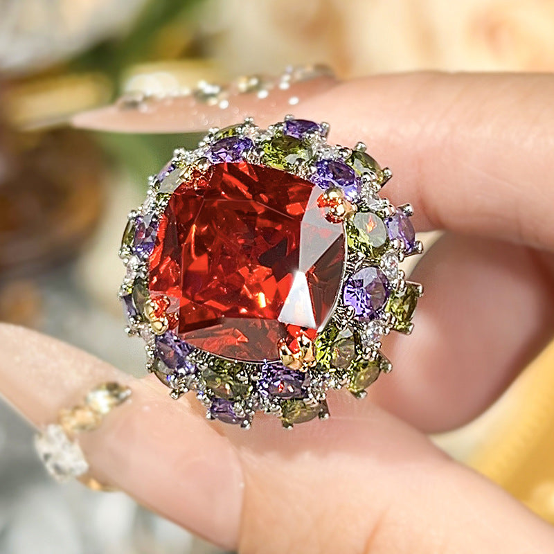 Women’s Candy Color Cubic Zirconia Adjustable Statement Ring with Pink, Red or Emerald Green Gemstone