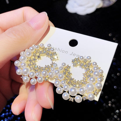 Women’s Elegant C-Hoop Earrings with Pearl and Sparkling Zircon Detail