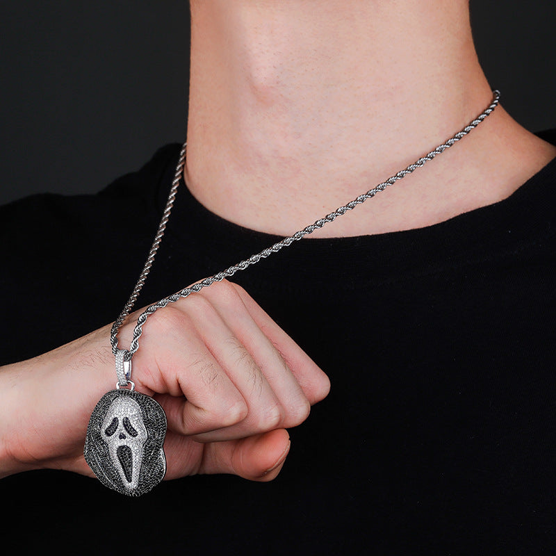 Unisex Halloween Ghost Mask Pendant Necklace with Black and Clear Cubic Zirconia