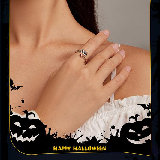 925 Sterling Silver Skeleton Hand Ring with Red Heart Detail – Gothic Open Ring