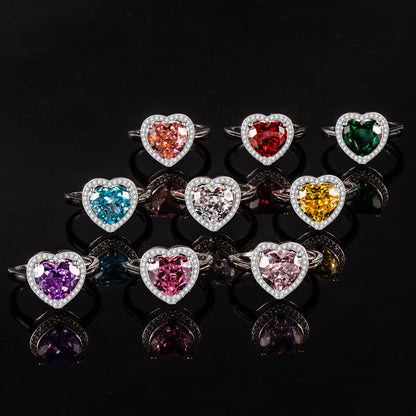 Women’s Romantic Heart-Cut High-Carbon Diamond Adjustable Ring with Pavé Halo – 9 Colors