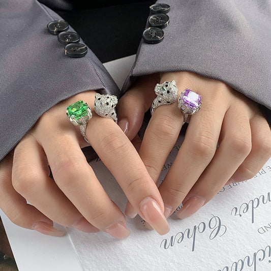 Women’s Luxury Leopard Statement Adjustable Ring with High-Carbon Diamond & Color Gemstone