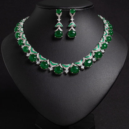 Women’s Vintage Floral Zircon Jewelry Set with Pink Petal Necklace and Drop Earrings