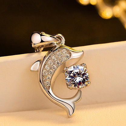 Women’s S925 Sterling Silver Dolphin Moissanite Pendant Necklace – 1CT