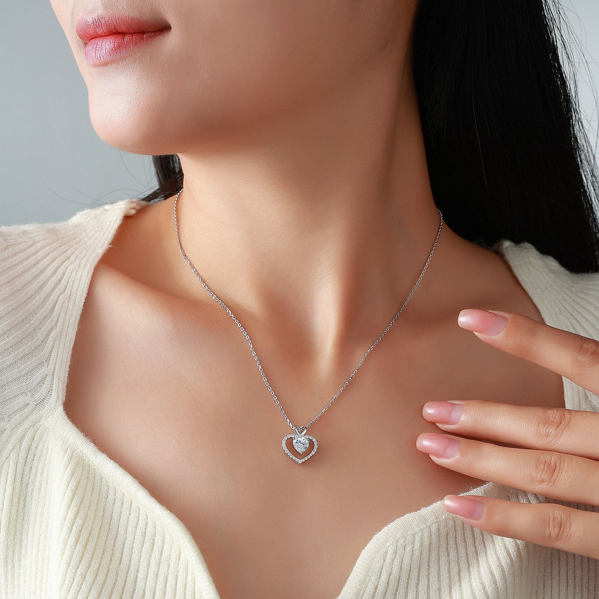 Women’s S925 Sterling Silver Heart Moissanite Necklace with Double Heart Halo Pendant