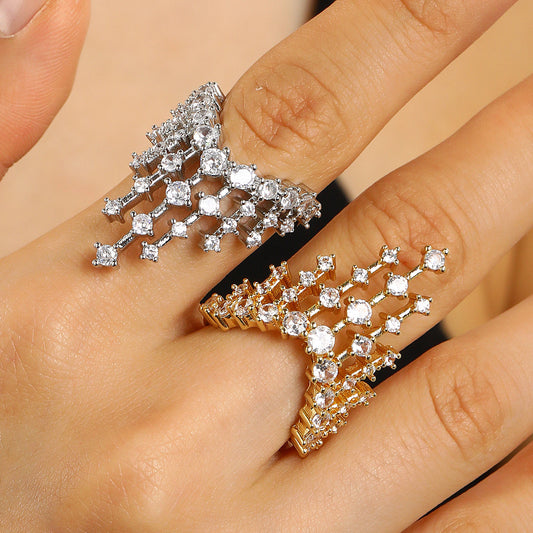 Crown Crystal Fringe Adjustable Statement Ring in Gold or Silver