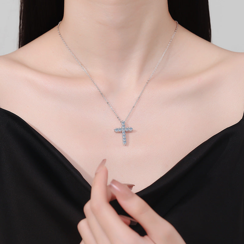 S925 Sterling Silver Round-Cut Moissanite Cross Pendant Necklace – 0.33CT / 0.66CT / 1.1CT