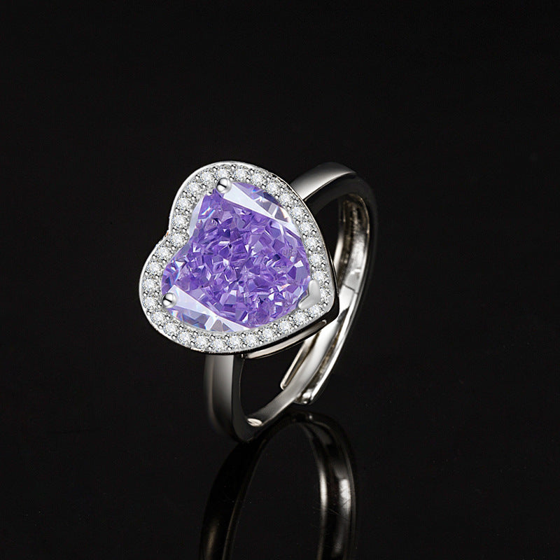 Women’s Romantic Heart-Cut High-Carbon Diamond Adjustable Ring with Pavé Halo – 9 Colors