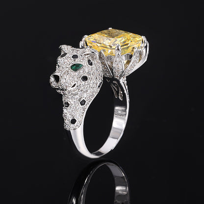 Women’s Luxury Leopard Statement Adjustable Ring with High-Carbon Diamond & Color Gemstone