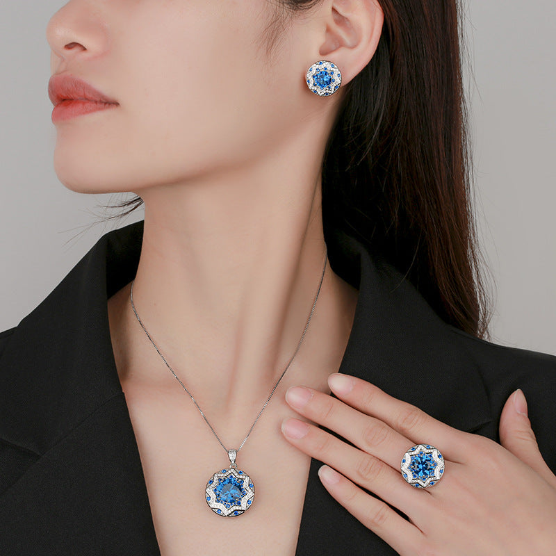 Women’s Luxury Blue Cubic Zirconia Necklace, Earrings & Adjustable Ring Set with Starburst Halo Detail
