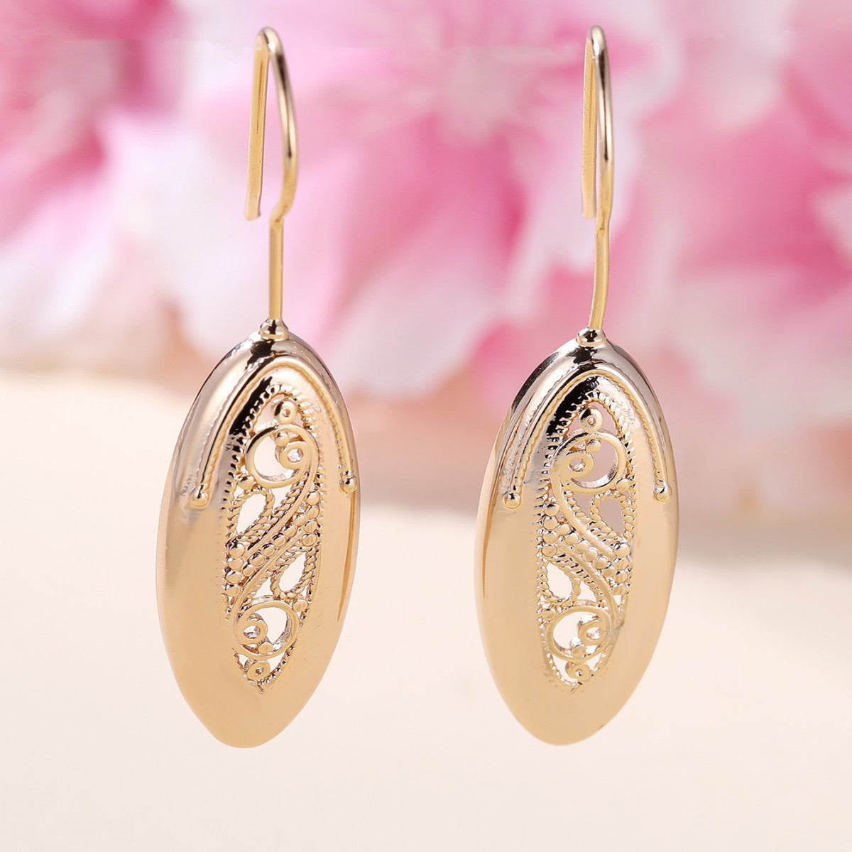 Women’s Champagne Gold Oval Drop Earrings with Openwork Scroll Detail