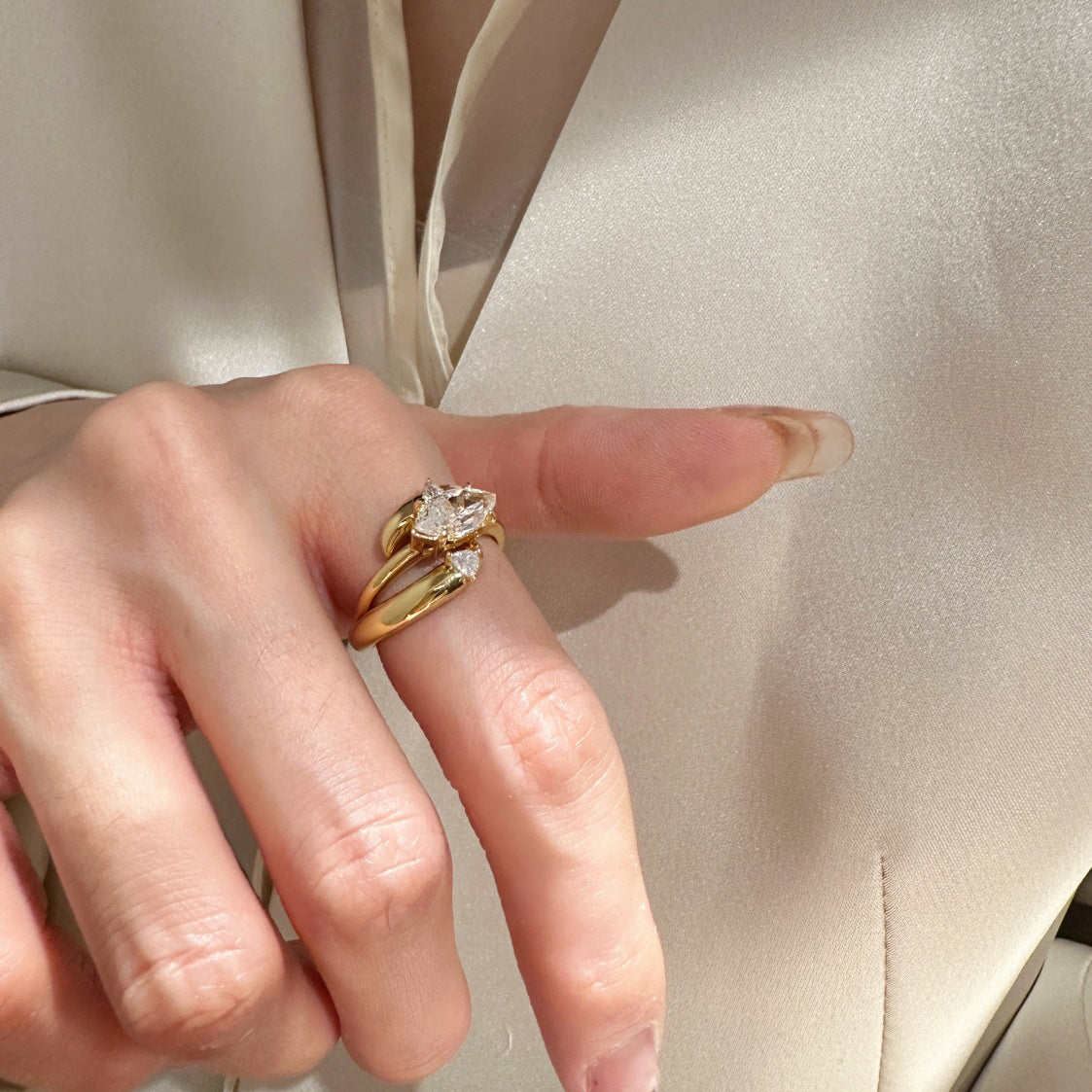 Gold & Silver Tone Geometric Stackable Open Ring with Marquise-Cut Crystal