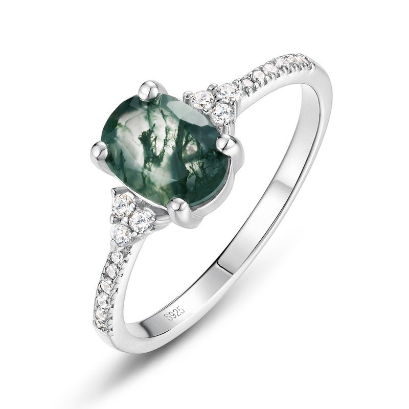 925 Sterling Silver Natural Moss Agate Ring with Sparkling Side Accents