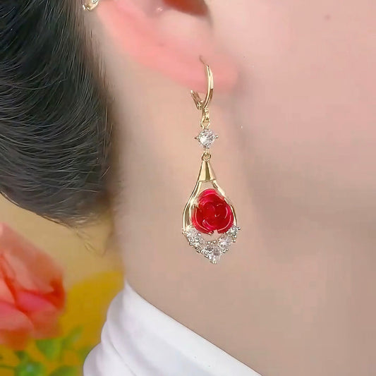 Women’s Elegant Rose Flower Drop Hoop Earrings with Sparkling Teardrop Frame