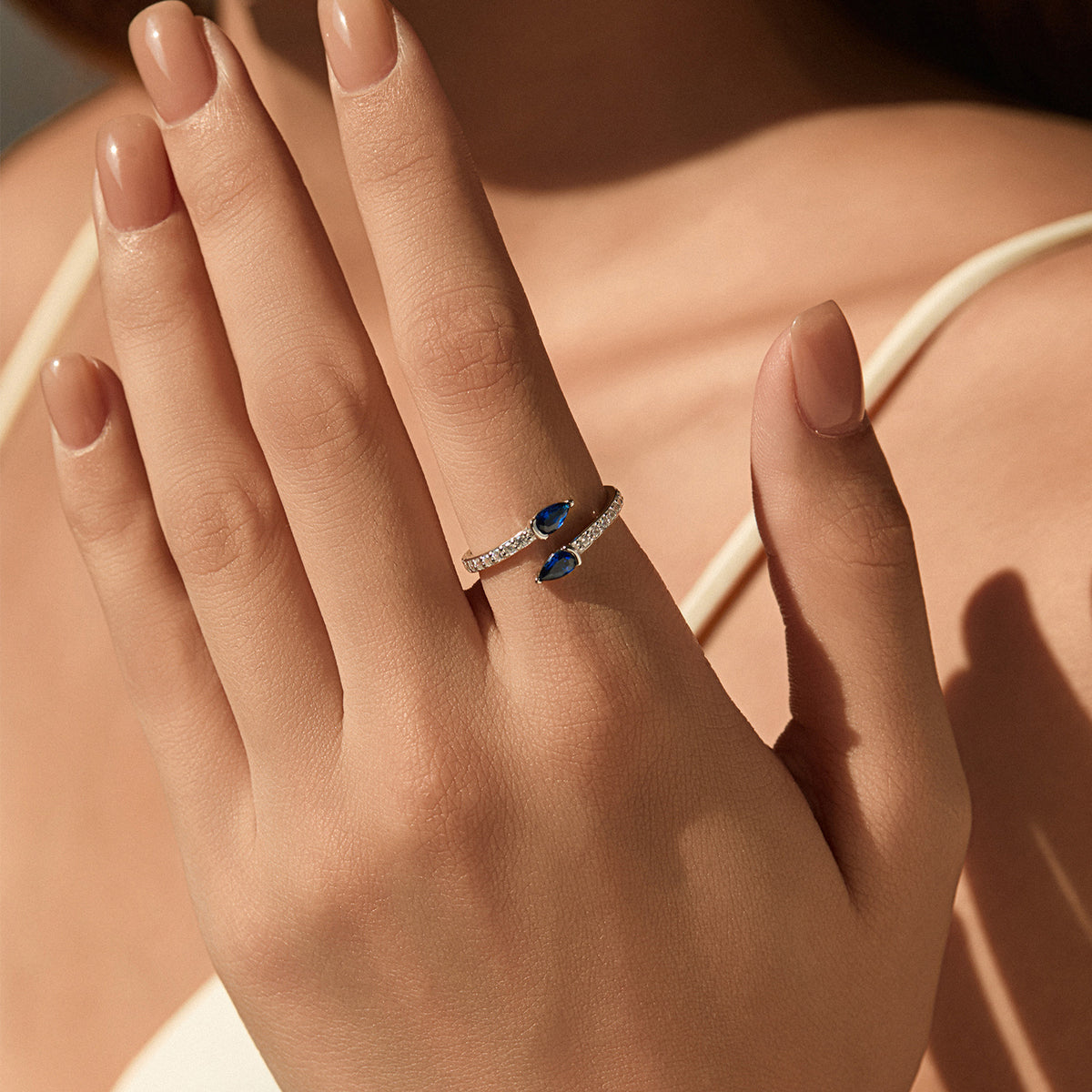 Women’s S925 Sterling Silver Royal Blue Marquise Stone Adjustable Open Ring with Pavé Detail