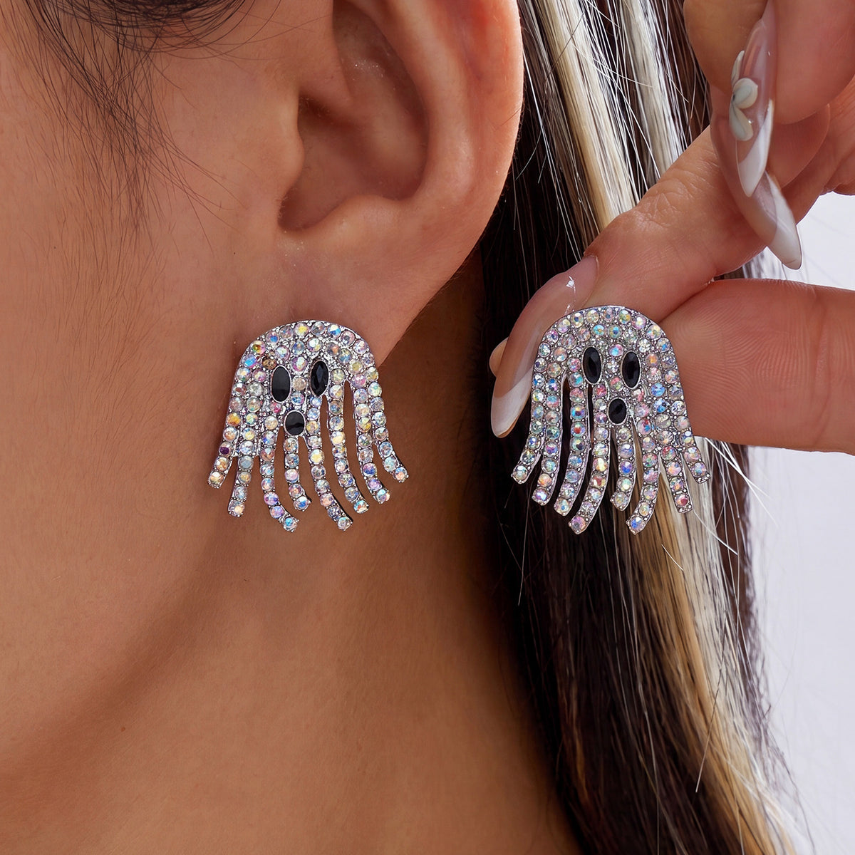 Women’s Halloween Rhinestone Ghost Earrings with Playful Face Details