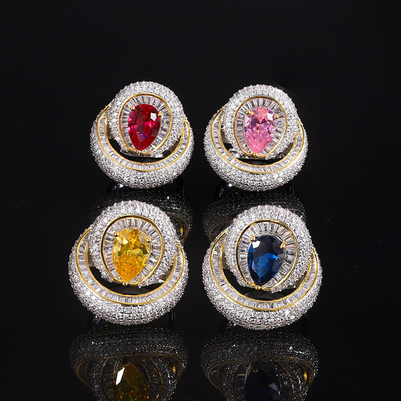 Women’s Elegant Pear-Shaped Cubic Zirconia Adjustable Ring with Layered Halo Detail