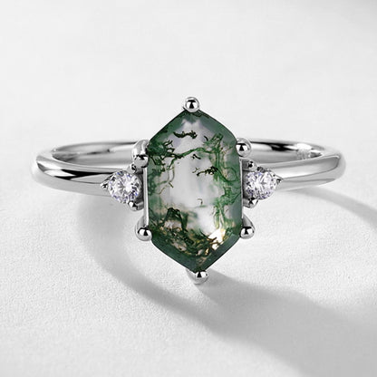 925 Sterling Silver Natural Moss Agate Jewelry Set with Hexagon Pendant, Ring and Stud Earrings