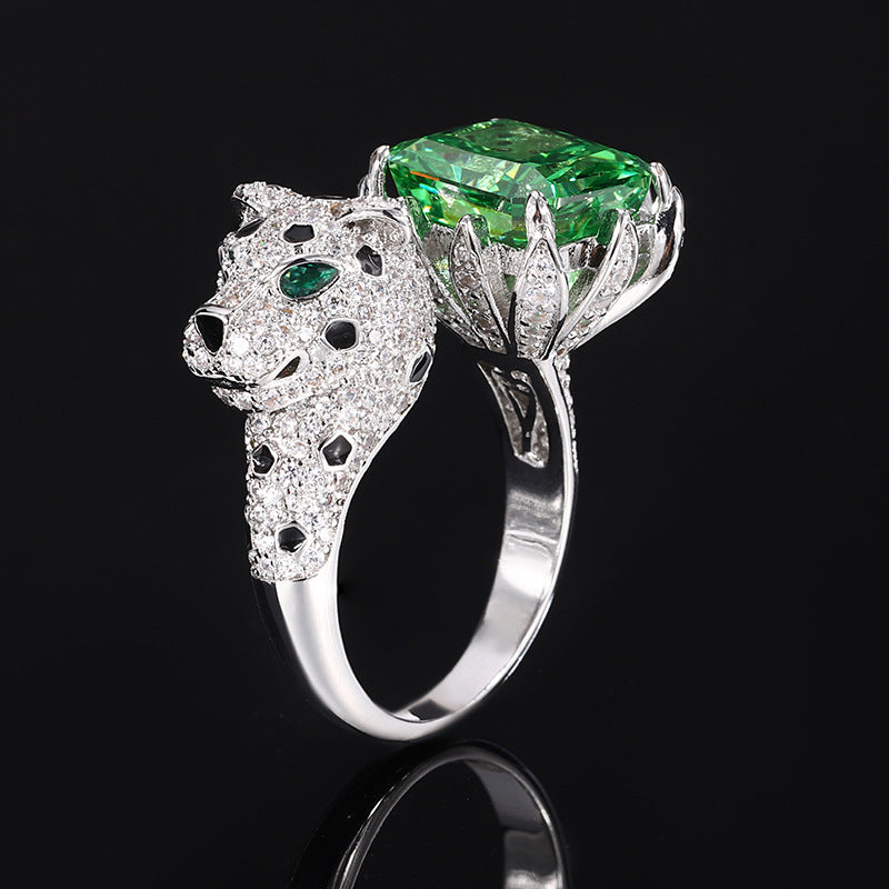 Women’s Luxury Leopard Statement Adjustable Ring with High-Carbon Diamond & Color Gemstone
