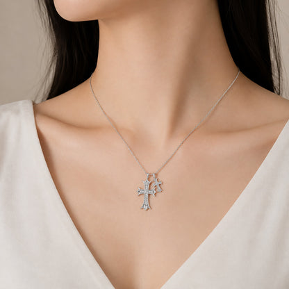 Women’s S925 Sterling Silver Moissanite Double Cross Pendant Necklace with Pave Crystal Detail