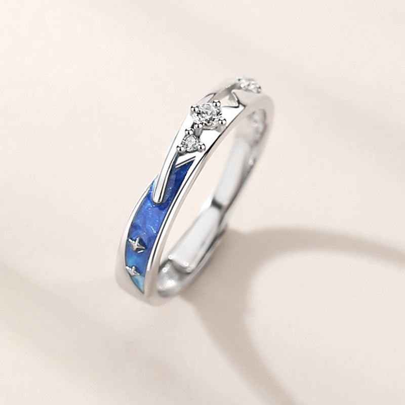 925 Sterling Silver Adjustable Couple Rings with Blue Shooting Star Design