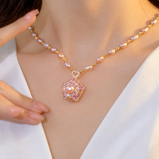 Women’s Natural Pearl Necklace with Sparkling Zircon Flower Detail