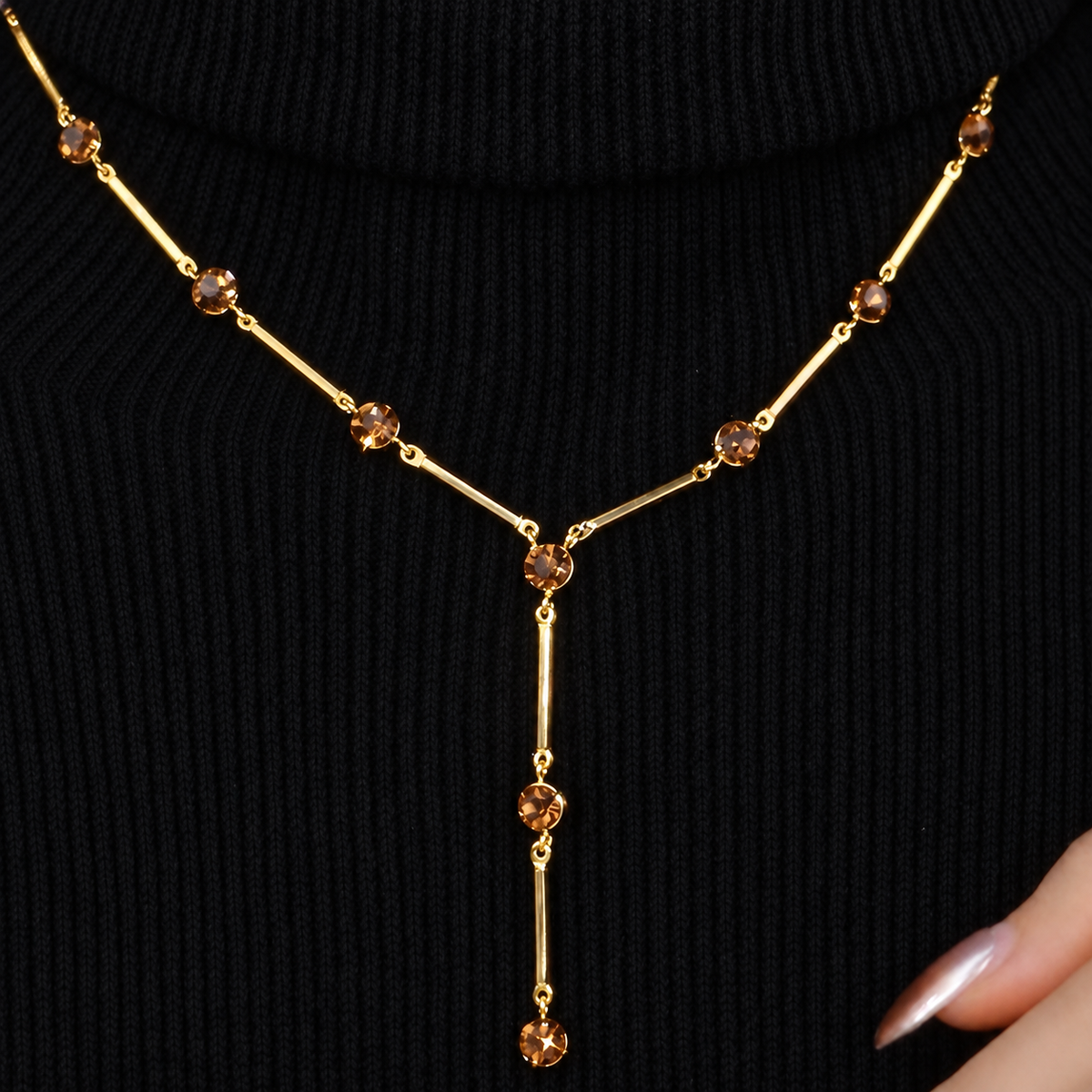Women’s Elegant Long Snake Chain Necklace with Sparkling Rhinestone Y-Drop Detail
