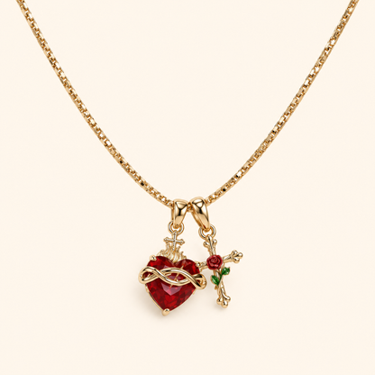 Women’s Gold Tone Sacred Heart Charm Necklace with Red Zircon and Rose Cross Pendants