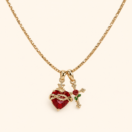 Women’s Gold Tone Sacred Heart Charm Necklace with Red Zircon and Rose Cross Pendants